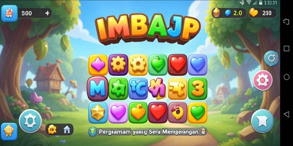 Tampilan menarik gameplay Match-3 IMBAJP dengan objek berwarna.